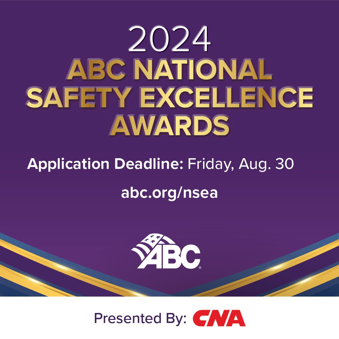 ABCNational's tweet photo. Applications for ABC’s National Safety Excellence Awards are open. Apply by Aug. 30 to elevate your firm’s status as an industry leader in safety!

https://t.co/O7TPgLkKKW

Thank you to our presenting sponsor CNA.

#ABCMeritShopProud #ConstructionSafety https://t.co/vVSL0fYUP7