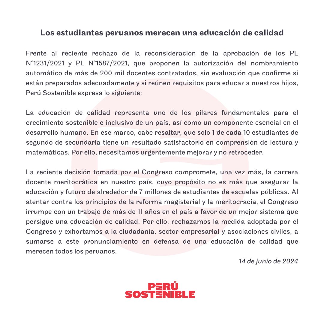 #Comunicado: Los estudiantes peruanos merecen una educación de calidad.
