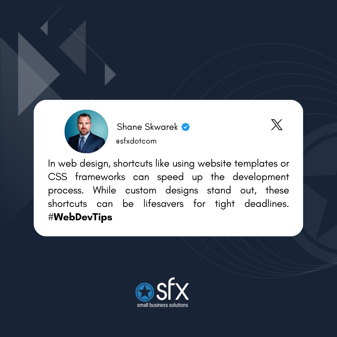 sfxdotcom's tweet image. In 𝐰𝐞𝐛 𝐝𝐞𝐬𝐢𝐠𝐧, leveraging shortcuts like website templates or CSS frameworks can turbocharge your development process. While custom designs shine with uniqueness, these tools are lifesavers for meeting tight deadlines. 🚀💻 #WebDevTips