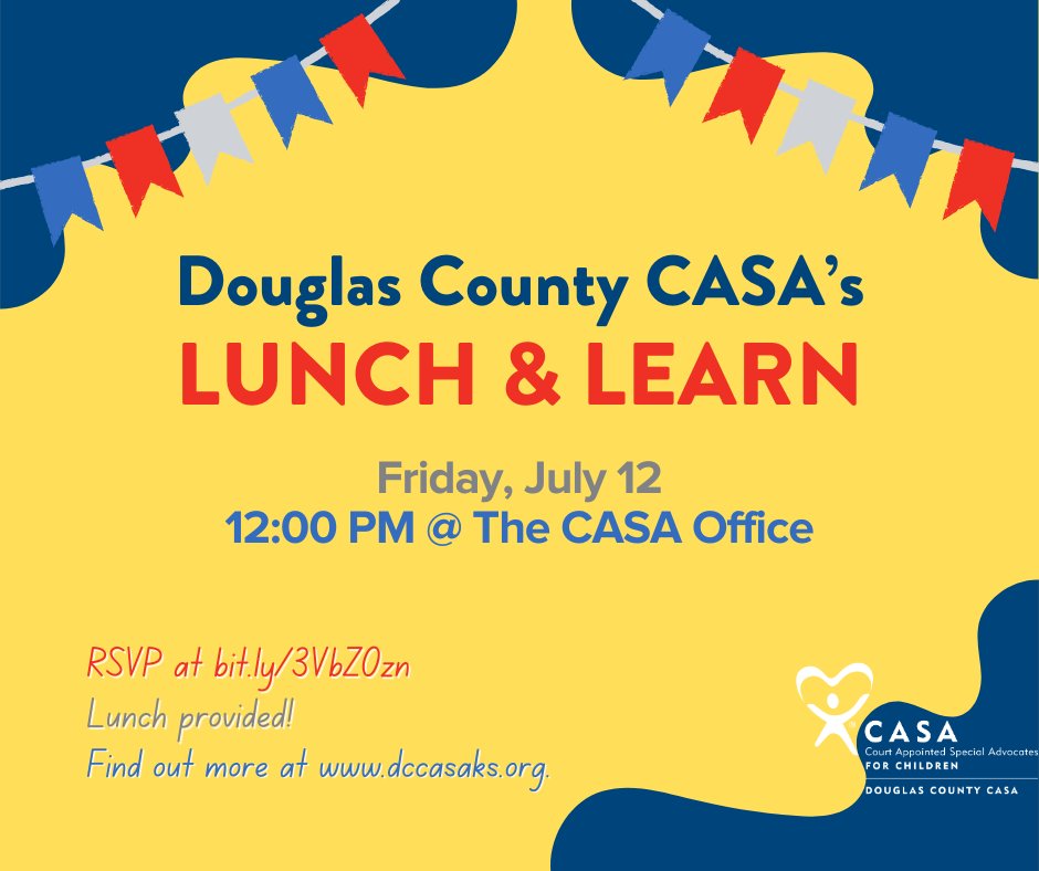 Want to know more about volunteering with CASA? Come to our Lunch &amp; Learn! Enjoy lunch on us while we share about what we do to advocate for children who have experienced abuse or neglect and are under the protection of the court. RSVP at loom.ly/wPjT2Lw