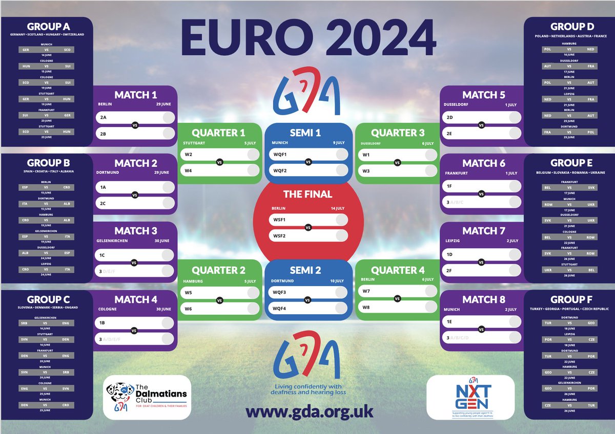 It's the European Championship tonight and to celebrate GDA are giving you a FREE Euro 2024 WALLCHART!!! - Just download it and print it off by going to gda.org.uk/downloads ⚽️Thanks <a href="/omega3design/">omega3design</a> for the design!
#Deaf #euros #Gloucestershire #bsl #cochlear #hardofhearing
