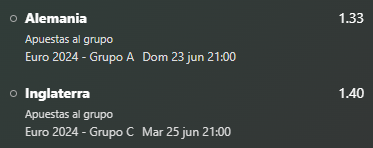 RojaDirectaBets's tweet photo. Poco que decir de este pick. Alemania está en el grupo con Escocia, Hungría y Suiza, mientras que Inglaterra se enfrenta a Eslovenia, Dinamarca y Suiza. Todos sus rivales son muy inferiores a ellos y sería una sorpresa que no quedasen primeros de grupo. Combinamos 2 bankers. https://t.co/TRHAtlrvzQ