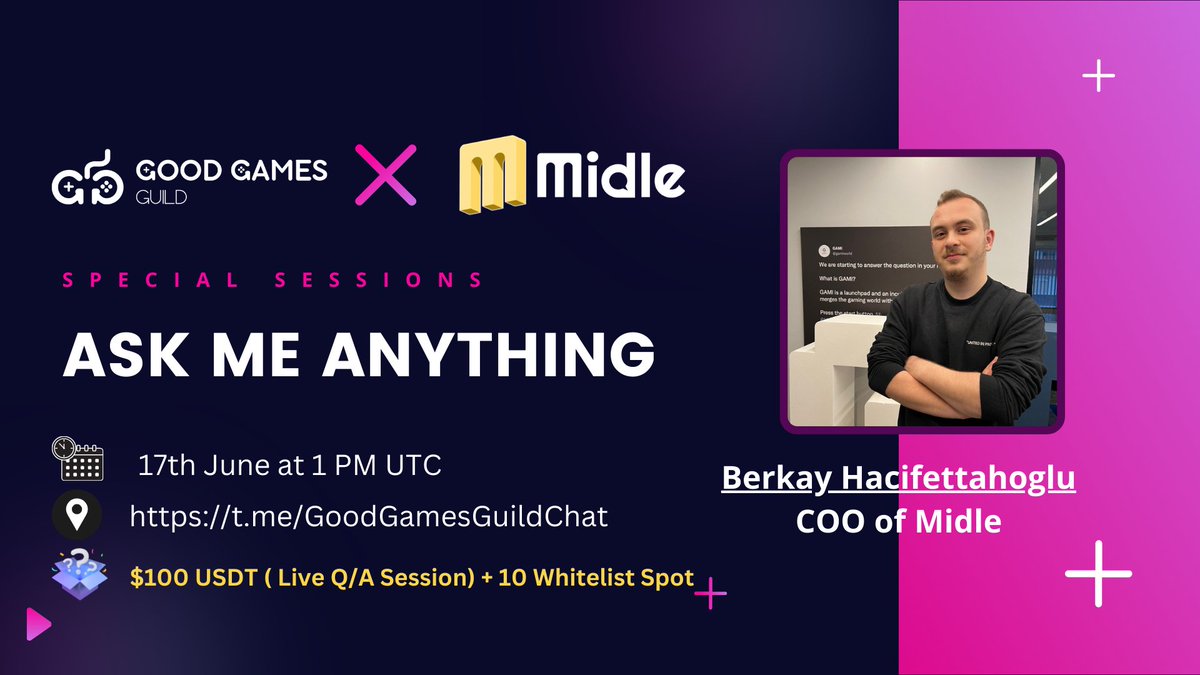 #AskMeAnything: Good Games Guild x Midle

🙌 Road to Midle Private Sale — Good Games Guild is excited to conduct a #AskMeAnything with Midle, the leading marketing platform revolutionizing user acquisition, engagement, and retention for brands globally.

🎁 Prize Pool:
✨ 10