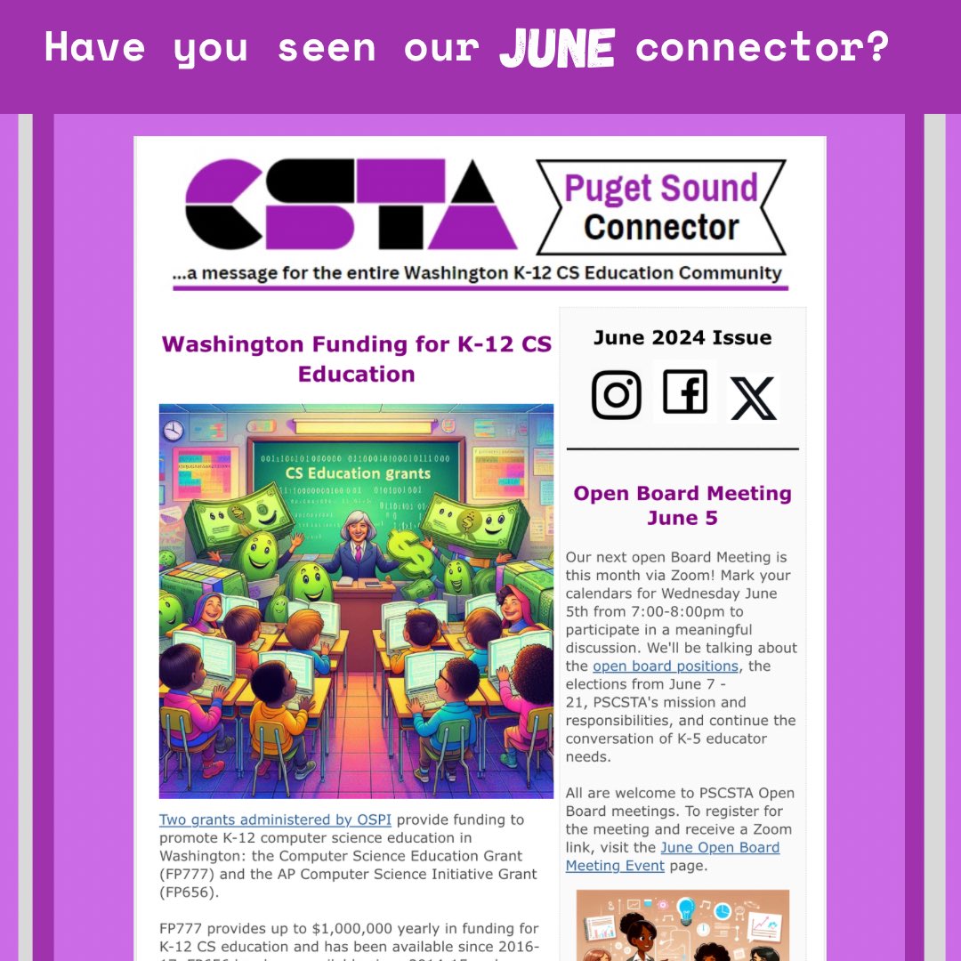 Happy Friday and end of the school year!! Our June connector is out and is a great way to kick off your summer break🎉  Click on the link to view the connector and forward it to anyone and everyone! 
pugetsound.csteachers.org/bulletin/View/… 

#csta #pscsta #wa #teachcs #teachwa #ed #education #cs