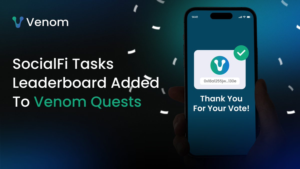 SocialFi Tasks Leaderboard added to Venom Quests

The votes are in! The overwhelming majority of you voted in favor of introducing a subsection on the leaderboard for SocialFi tasks! This change will be implemented in the 2nd Season moving forward.

A reminder of how it will
