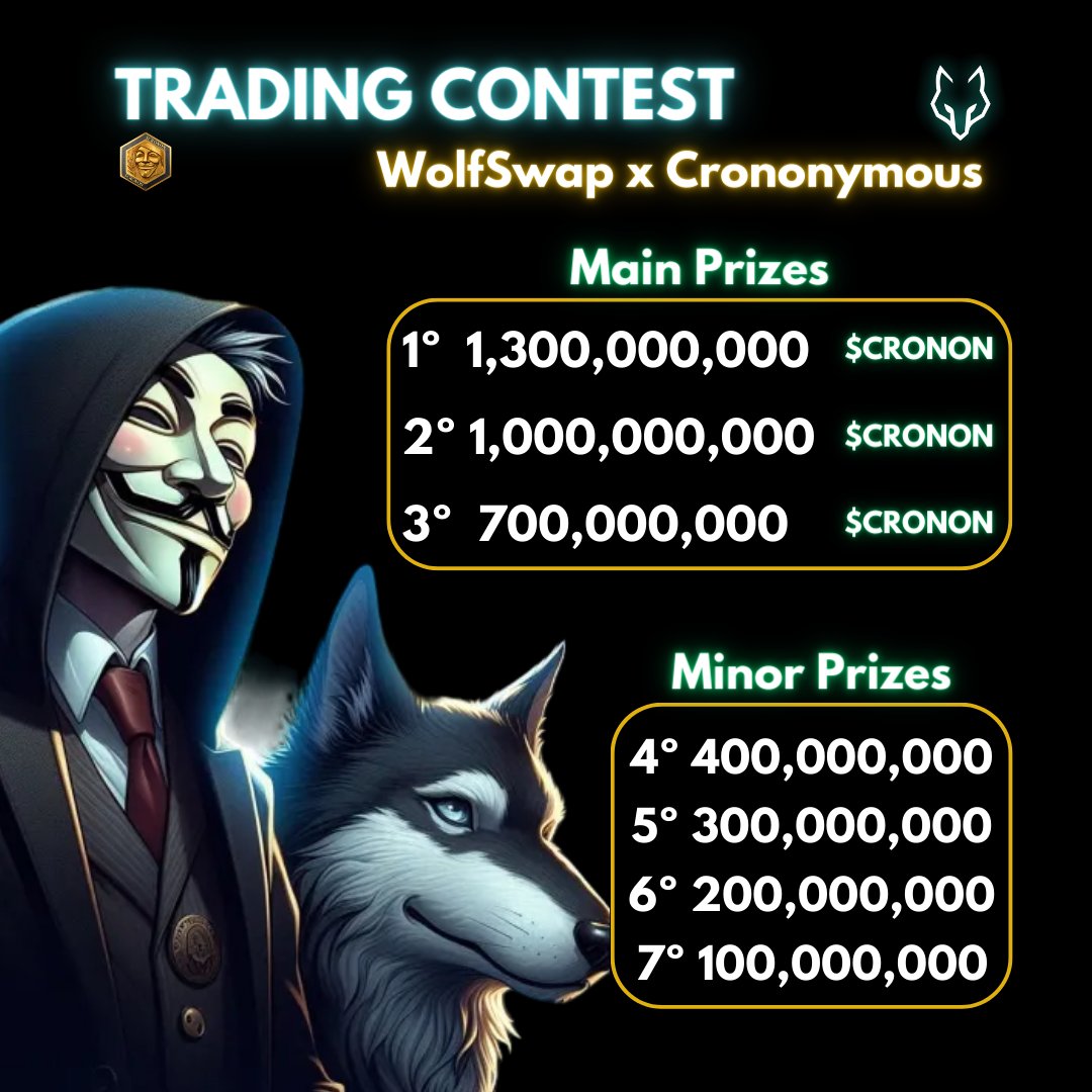 $CRONON (@crononymousnft) on Twitter photo Our trading contest in <a href="/wolfswapdotapp/">Wolfswap | Swap & Earn</a> will start soon!! 🔥
⏰ 15 Jun 2024 (00:00 UTC) - 22 Jun 2024 (23:59 UTC)
Are you ready??
Expect us 🎭
#Crofam $CRONON #CronosChain #Memeseason #Memecoin Our trading contest in <a href="/wolfswapdotapp/">Wolfswap | Swap & Earn</a> will start soon!! 🔥
⏰ 15 Jun 2024 (00:00 UTC) - 22 Jun 2024 (23:59 UTC)
Are you ready??
Expect us 🎭
#Crofam $CRONON #CronosChain #Memeseason #Memecoin