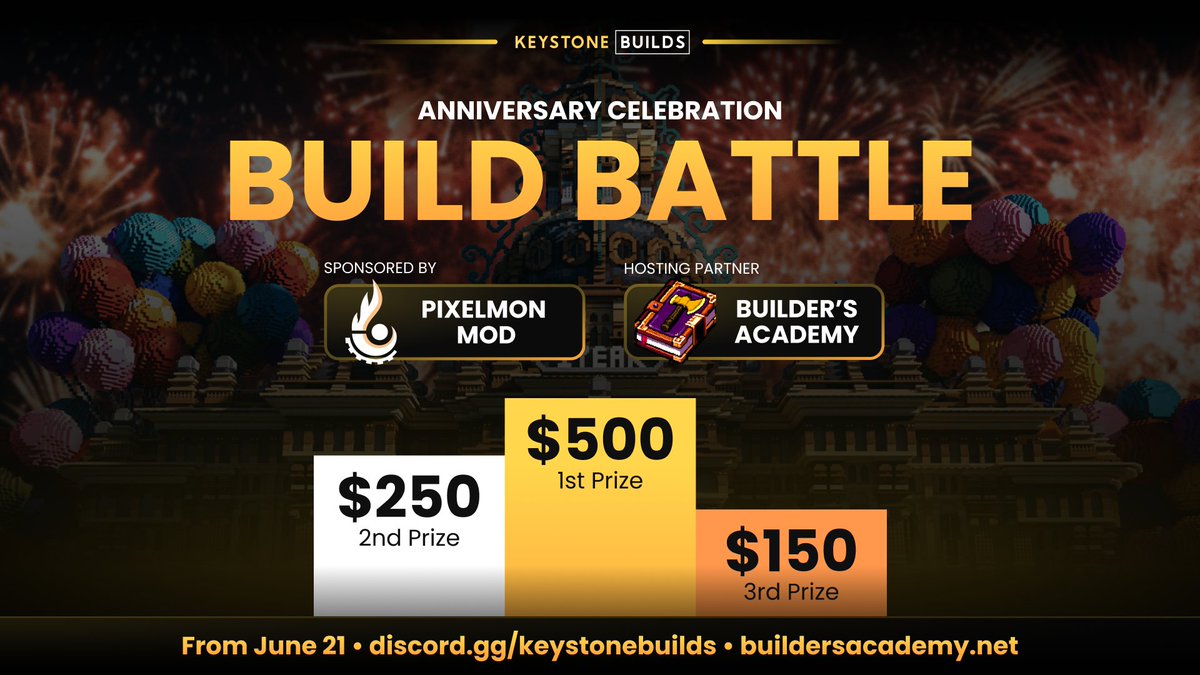 The best way to celebrate this milestone, is by looking back at our roots, our first service - a Minecraft Build Battle!  Thank you to our sponsor, Pixelmon, and hosting partner, Builders Academy 

More details can be found on our discord: 
discord.com/invite/keyston…