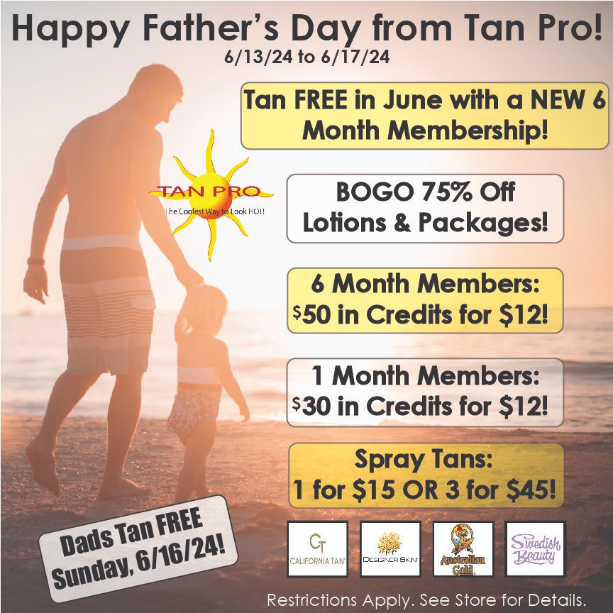 TanProUSA's tweet image. Stop into #TanPro this weekend for our Father's Day deals! Dads, make sure to stop in Sunday, 6/16/24, for a FREE tan or upgrade! Sale ends 6/17/24

#tanprousa #sale #fathersday #fathersdaysale #dads  #memberships #upgrades #spraytans #tan #spraytan #tanning #ohiotanning