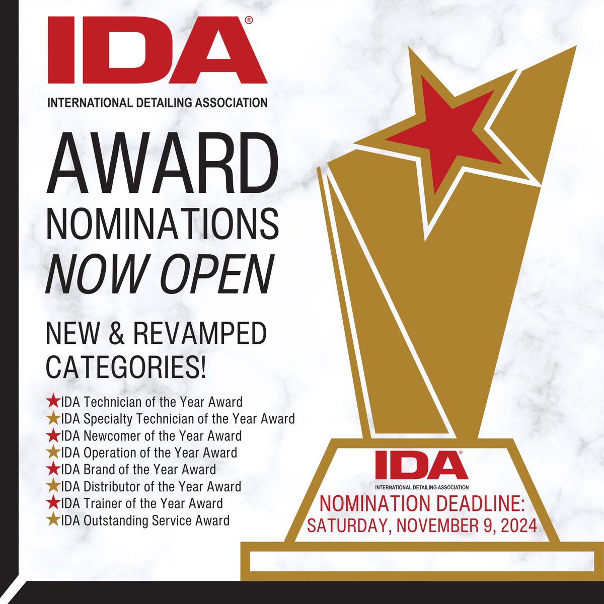 Do you know an outstanding detailer, brand, or detailing shop/mobile unit that deserves special recognition? Nominate them for an IDA Award! 🏆 We're excited to introduce new &amp; revamped categories this year – submit your nominations by Nov. 9: the-ida.com/Awards