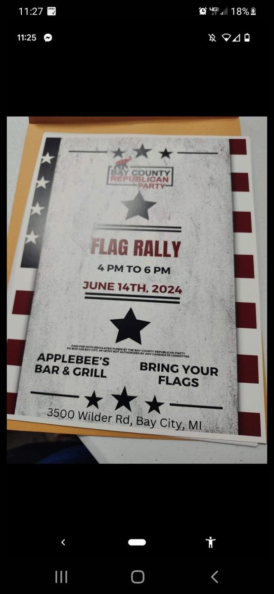 Lkrichards77's tweet photo. @Applebees I understand that Flag Day is important, but I'm concerned that you are promoting a Republican Party event. I would think that businesses would stay out of politics. #boycottapplebees https://t.co/YugnhxMeij
