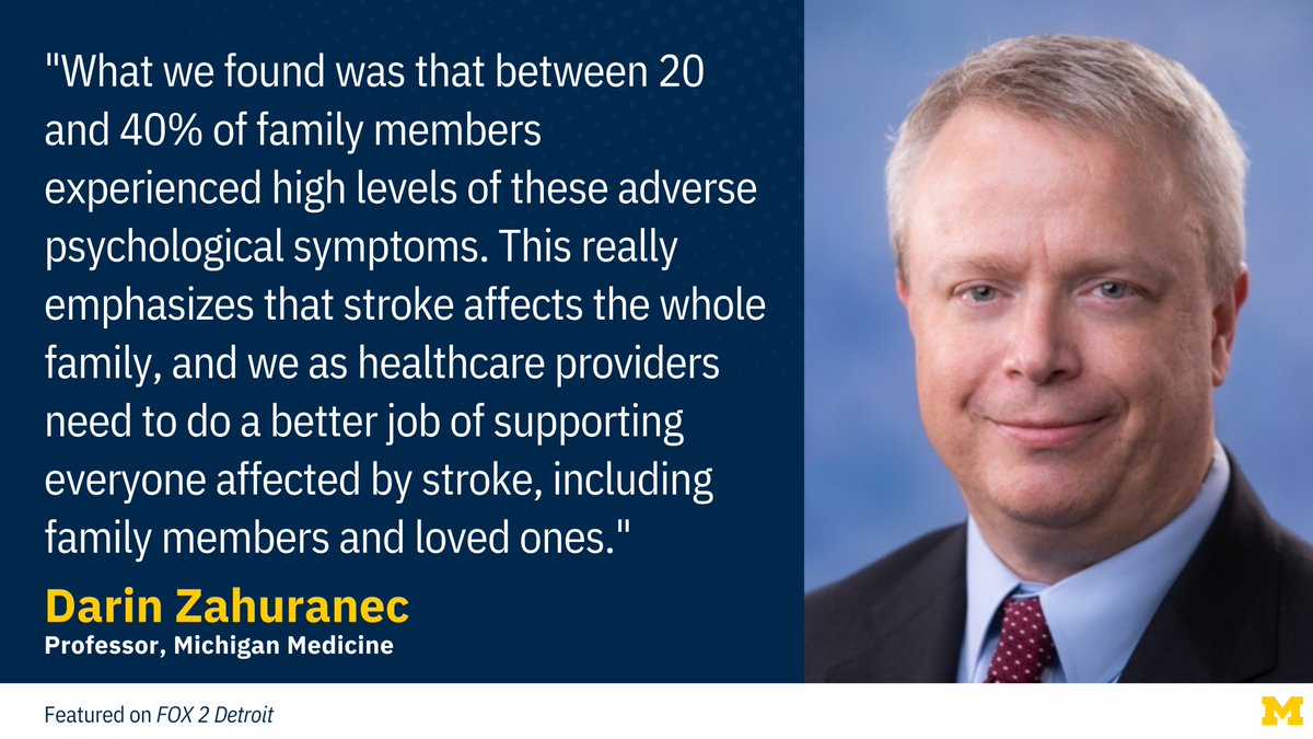 Neurology professor Darin Zahuranec joined <a href="/FOX2News/">FOX 2 Detroit</a> to discuss findings from a @UMichMedicine study examining the mental health of caregivers for stroke victims, and provide resources available to both victims and their families. myumi.ch/9gqpx <a href="/UMichMedSchool/">University of Michigan Medical School</a>