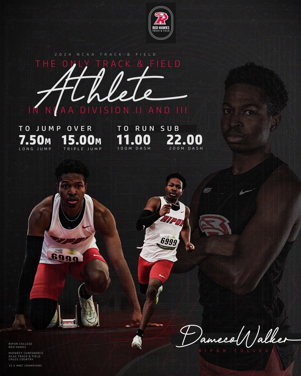 Track &amp; Field 𝐀𝐓𝐇𝐋𝐄𝐓𝐄

During 2024, Dameco Walker was the only athlete in NCAA DII and DIII to hit those benchmarks in the Long Jump, Triple Jump, 100m and 200m

7.59m - 15.00m - 10.88 - 21.93
24'11 - 49'2.5

*Only 1 athlete in NCAA DI hit all four

#RCTF | #HawksFly