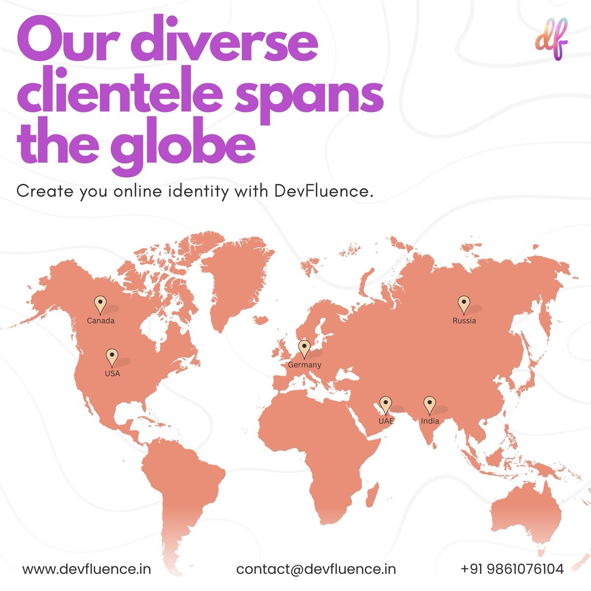 devfluence01's tweet image. Our diverse client&apos;s spans the globe!

From india to Germany, USA to Russia, and Canada to UAE, we&apos;re helping businesses worldwide create their unique online identities.

#devfluence #GlobalReach #Digitalldentity #DevFluence #Branding #OnlinePresence #WorldwideClients