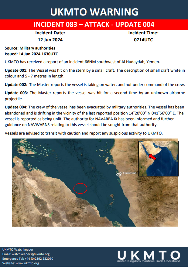 UKMTO WARNING INCIDENT 083 ATTACK UPDATE 004

The crew of the vessel has been evacuated by military authorities. The vessel has been abandoned and is drifting in the vicinity and unlit

ukmto.org/indian-ocean/u…

#MaritimeSecurity #MarSec