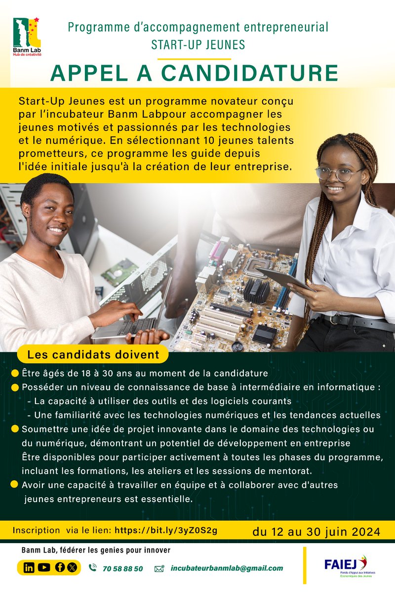 𝐀𝐩𝐩𝐞𝐥 à 𝐂𝐚𝐧𝐝𝐢𝐝𝐚𝐭𝐮𝐫𝐞: "𝐒𝐭𝐚𝐫𝐭-𝐔𝐩 𝐉𝐞𝐮𝐧𝐞𝐬" 

Vous avez une passion pour les technologies et le numérique ? Vous avez entre 18 et 30 ans ? Vous rêvez de transformer votre idée innovante en une entreprise prospère ? 
Postulez ici bit.ly/3yZ0S2g