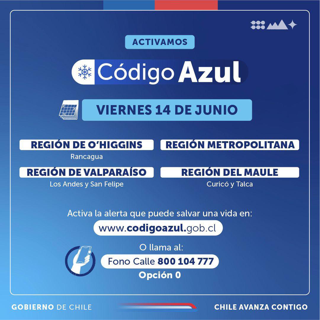 Ante las condiciones meteorológicas se activará el #CódigoAzul en #Rancagua este viernes 14 desde las 17 hrs hasta el sábado 15 de junio a las 13:00 horas. 
Tu alerta puede salvar una vida, si ves a alguien en situación de calle llama al Fono Calle 800 104 777, opción 0. 📲