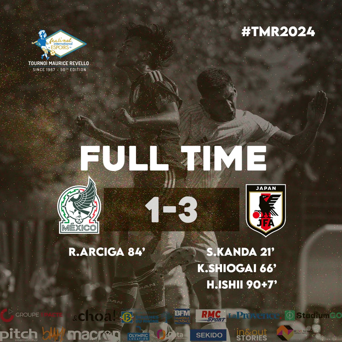 TournoiMRevello's tweet photo. ⏱️90' |  #MEXJPN 🇲🇽🇯🇵

Japan wins his final match of @TournoiMRevello !

🇲🇽 Mexico (@miseleccionmx) 1⃣-3⃣🇯🇵 Japan (@jfa_samuraiblue)

⚽ S.Kanda 21’ 🇯🇵
⚽ K.Shiogai 66’ 🇯🇵
⚽ R.Arciga 84’ 🇲🇽
⚽ H.Ishii 90+7’ 🇯🇵

#TMR2024 https://t.co/LUYRvTaJYy