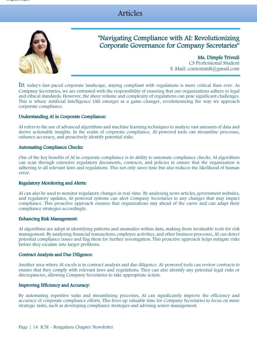 DimpleTrivedii's tweet photo. T148
Another article published @icsi_cs Bangalore chapter april edition 2024
Happy Reading ... https://t.co/bvF5E0d2lU