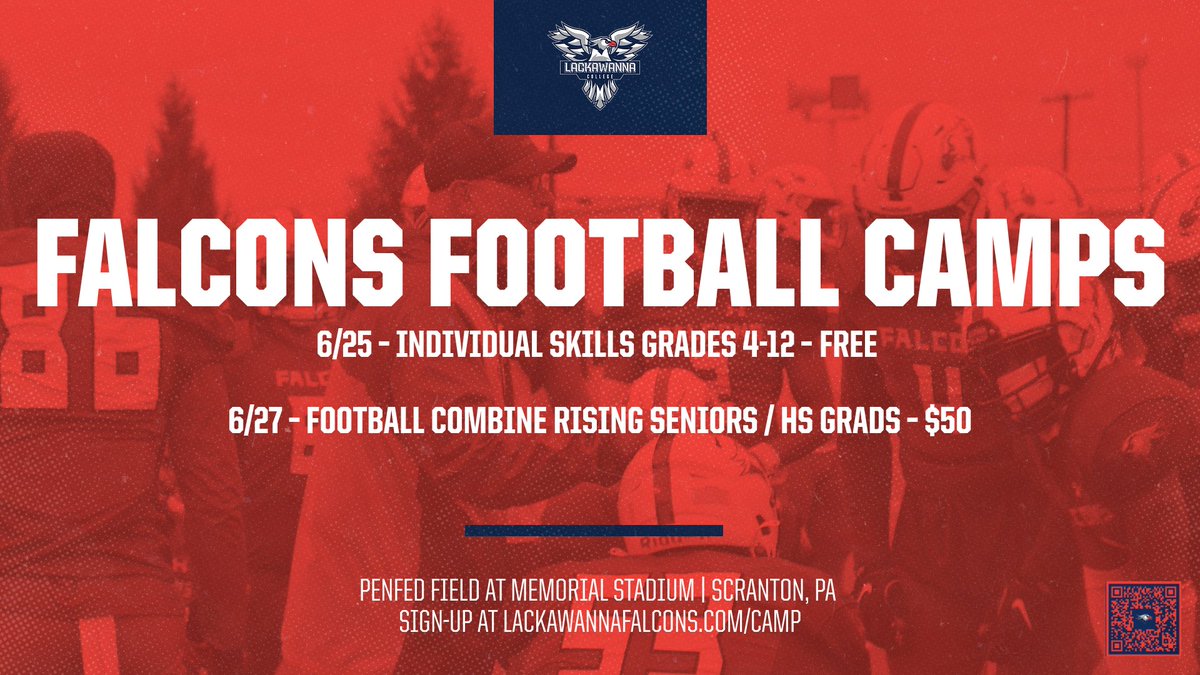 Less than two weeks away days away! 6/25 - Lackawanna College Free Skills Camp grades 4 - 12. 6/27 - Football Combine for 24's and rising seniors. Walk ups are welcome.