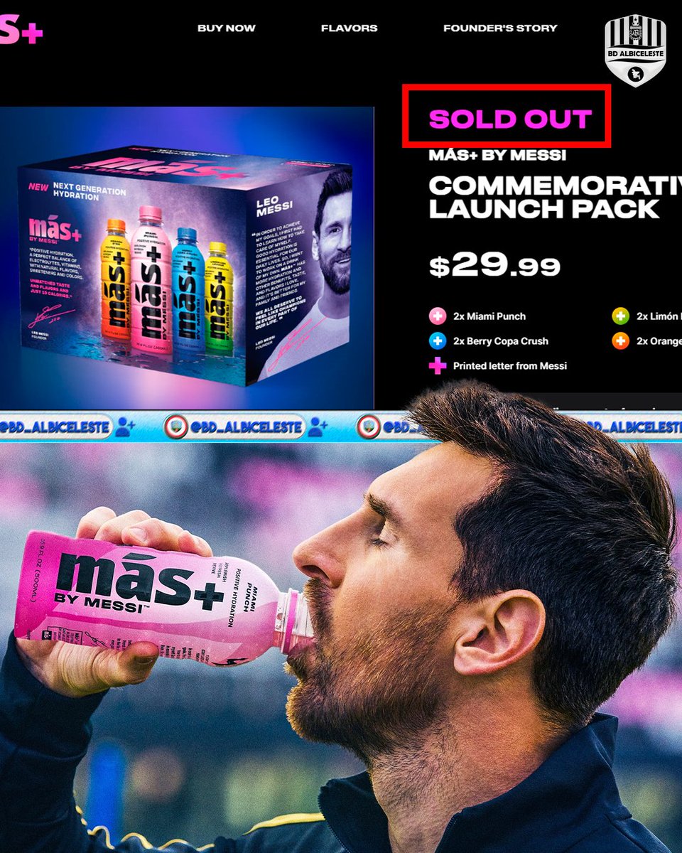bd_albiceleste's tweet photo. 🚀 Leo Messi's hydration drink Mas+ COMMEMORATIVE LAUNCH PACK has sold out within hours of its official launch! 🐐💧 Incredible response from fans worldwide! #MasPlus #LeoMessi https://t.co/efFDDZ0EsM