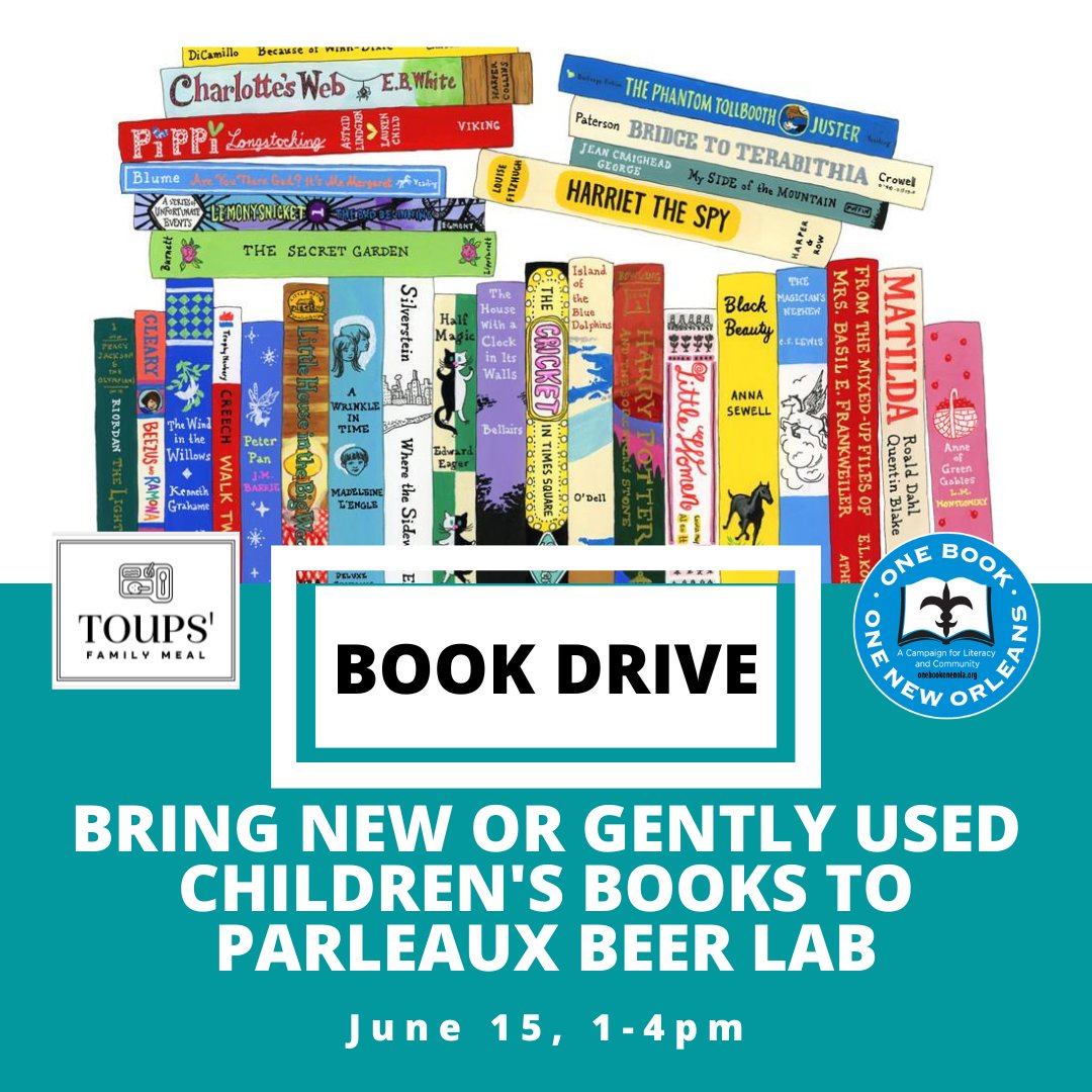 TOMORROW! Bring new or gently used books for readers PreK-12th grade to <a href="/ParleauxBeerLab/">Parleaux Beer Lab</a>  from 1-4pm. We're partnering with <a href="/toupsmeatery/">Toups' Meatery</a>/<a href="/toupsfamilymeal/">Toups Family Meal</a> to provide books to children whose access to books gets cut off during the summer when schools close.