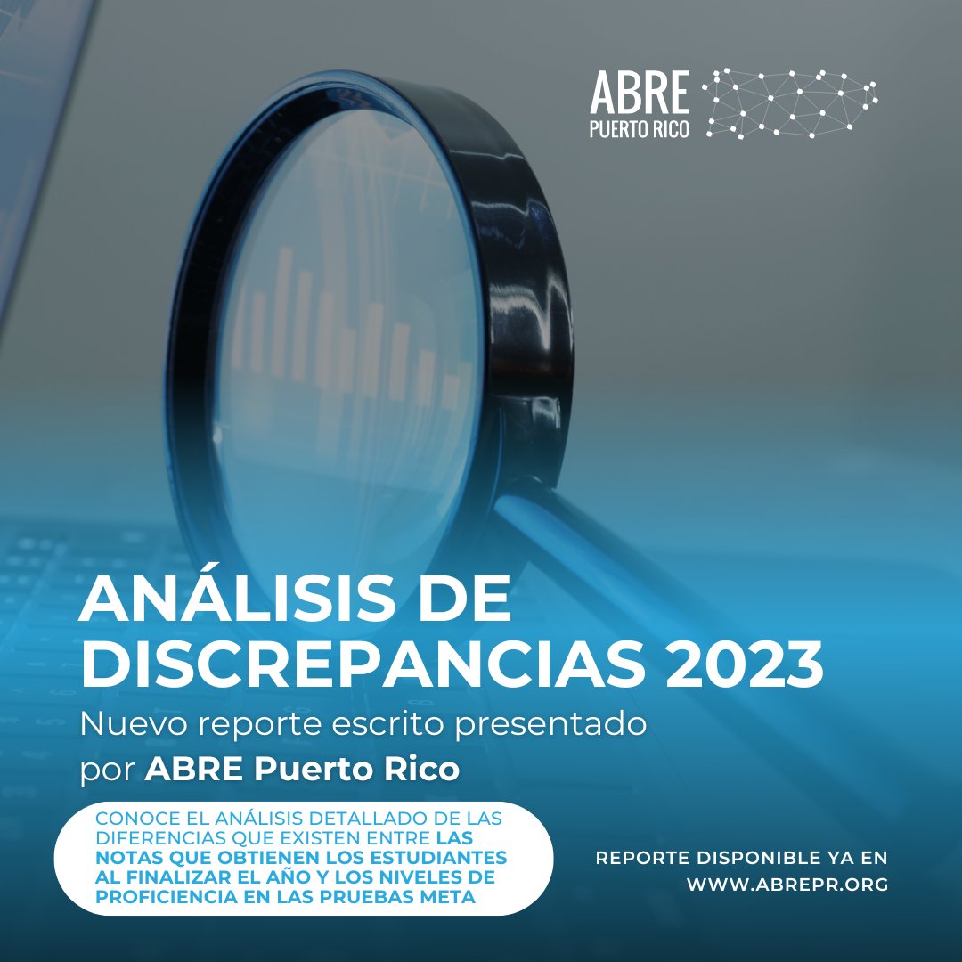 Desde ABRE Puerto Rico nos complace anunciar el lanzamiento de nuestro reporte escrito sobre el Análisis de Discrepancias 2023📊

Lee la nota completa acá: mailchi.mp/abrepr.org/anl…

Accede a nuestra herramienta educativa abretuescuela.org para obtener el reporte completo📈