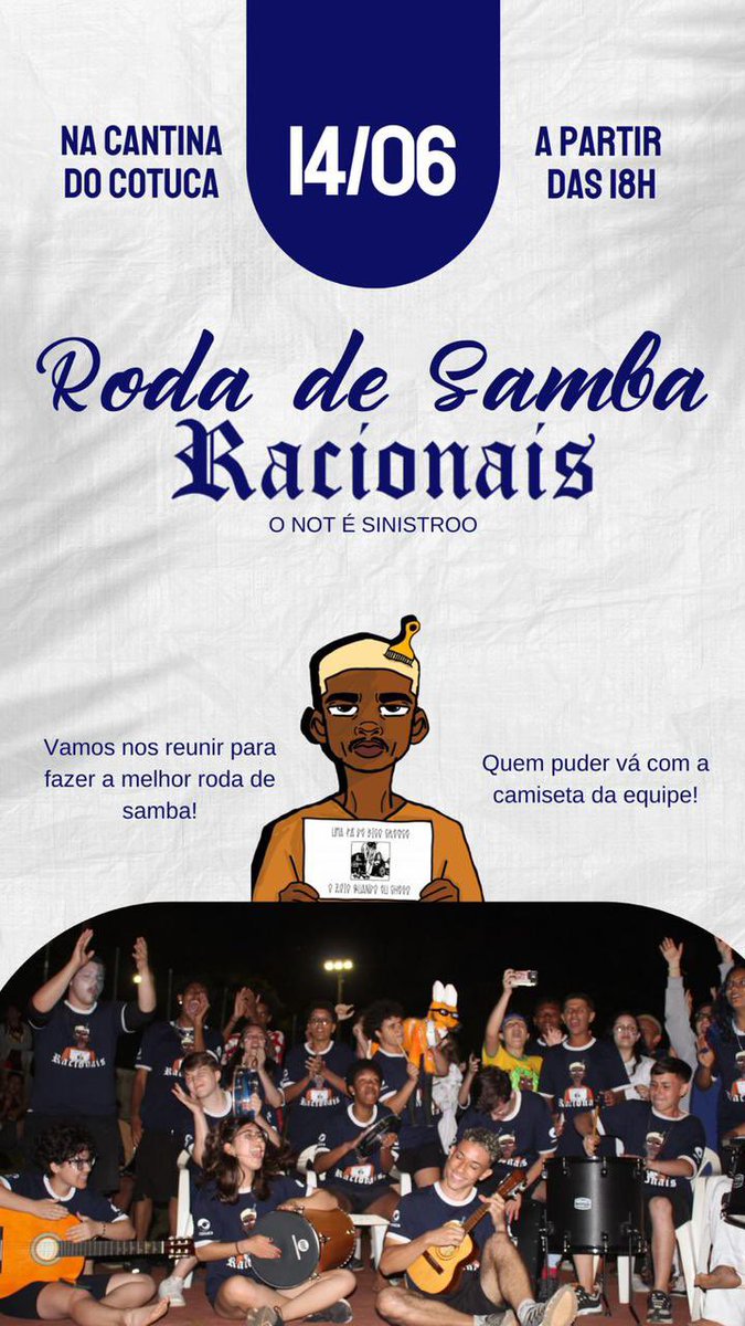 equipeRacionais's tweet photo. hoje teremos um pouquinho do sabor da gincana, faça parte da nossa *RODA DE SAMBA*!
Venham caracterizados, animados e com o pandeiro na mão. Esperamos vocês lá 💙
*o not é sinistro*
                            - equipe racionais https://t.co/mXGHmAARce