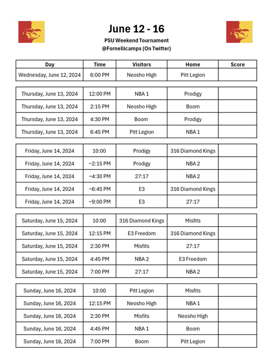 Updated schedule for this weekends tournament.