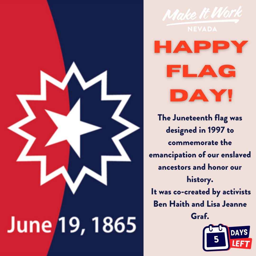 MIWNV's tweet photo. Today, we honor the Juneteenth flag, created by Ben Haith and Lisa Jeanne Graf to commemorate the emancipation of our ancestors. 
#JuneteenthFlag #FlagDay2024 #MakeItWorkNevada https://t.co/JQMJthWL6k