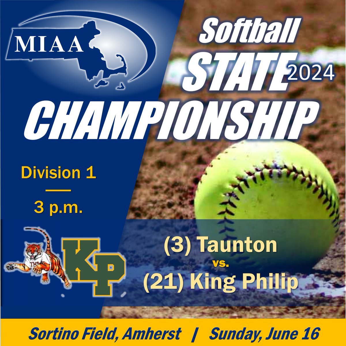 MIAA033's tweet photo. 🥎 STATE CHAMPIONSHIP GAME DAY 🏆
@tauntonsoftball @kphsathletics 

🎟️Tickets: https://t.co/Plxp0XBLvX
📹 Live stream: https://t.co/ZVwUEHhkKN
🚗 Directions: https://t.co/mbhMCLZrEC
📖 Rosters/History: https://t.co/AXbqc8s1za https://t.co/x90ElaBhrv