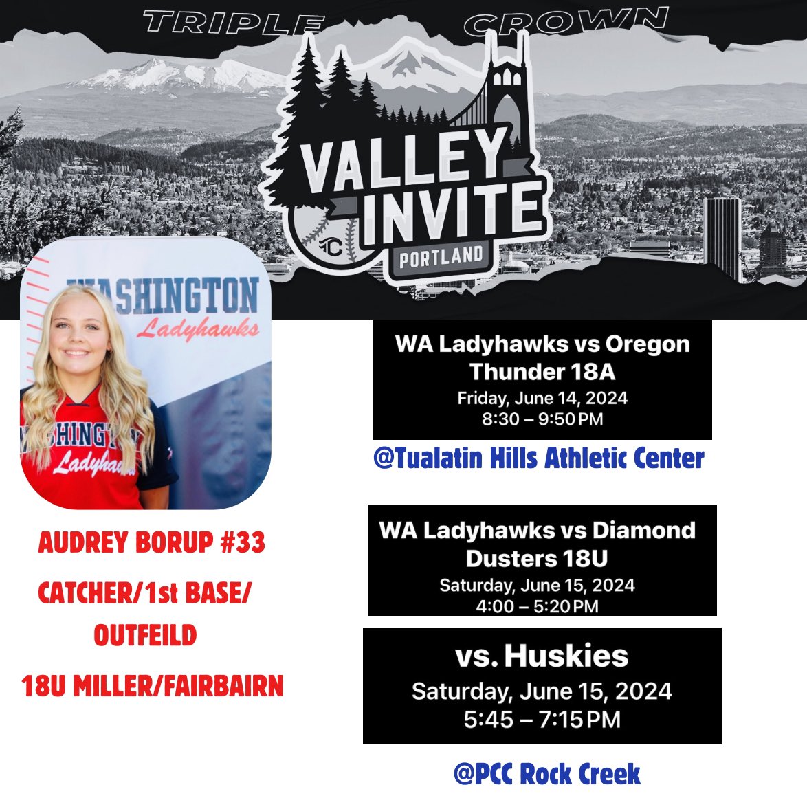 Headed down to Hillsboro to play in the TC Valley Invite! Please check out my schedule. <a href="/JustinShults33/">Justin Shults</a> <a href="/SandraWente/">Sandra Wente</a> <a href="/Drew_Rich1221/">Andrew Rich</a> <a href="/CaitlinLowe/">Caitlin Lowe</a> <a href="/GeoffHirai/">Geoff Hirai</a> <a href="/lauraberg44/">Laura Berg OLY</a> <a href="/coachkoons/">Jo Koons</a> <a href="/CoachTarr/">Heather Tarr 🦄 💜</a> <a href="/melanie_meuchel/">Melanie Meuchel</a> <a href="/paigeparker008/">Paige Parker</a> <a href="/Kara_Dill/">Kara Dill</a> <a href="/ladyhawksgold/">Washington Ladyhawks Fastpitch Organization</a>