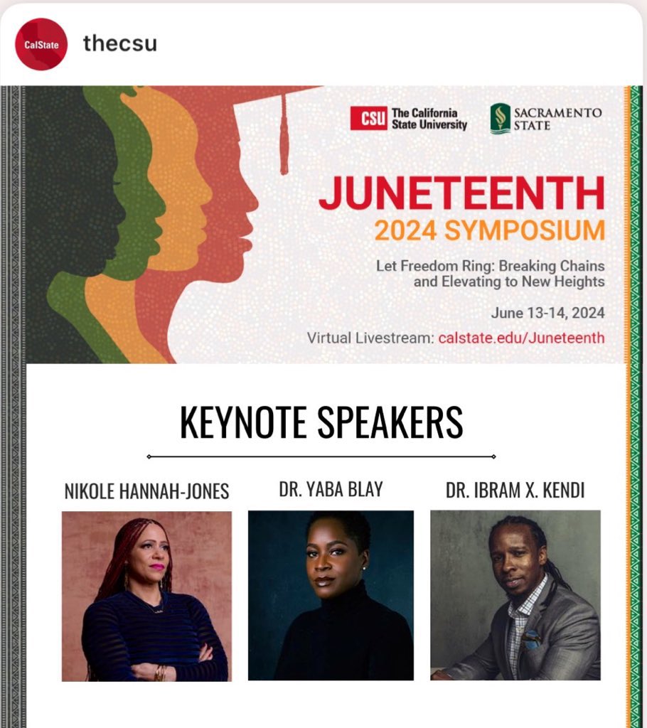 Frederick Smith (he/him) (@fsmith827) on Twitter photo This year’s #CSUJuneteenth is epic!
Keynotes addresses by <a href="/nhannahjones/">Ida Bae Wells</a> , @YabaBlay , and <a href="/ibramxk/">Ibram X. Kendi</a> have been excellent!
I’ve learned a lot from my <a href="/calstate/">The CSU</a> colleagues in their presentations.
Feeling so intellectually and culturally full from these days in Sacramento!
♥️🖤💚 This year’s #CSUJuneteenth is epic!
Keynotes addresses by <a href="/nhannahjones/">Ida Bae Wells</a> , @YabaBlay , and <a href="/ibramxk/">Ibram X. Kendi</a> have been excellent!
I’ve learned a lot from my <a href="/calstate/">The CSU</a> colleagues in their presentations.
Feeling so intellectually and culturally full from these days in Sacramento!
♥️🖤💚