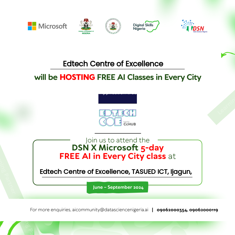edtechcoe's tweet photo. We will be hosting the DSN X Microsoft 2024 FREE AI Classes at our learning centre. 
Join us to attend physically by registering with the link below."
Link to register: https://t.co/HkSCwdMk02 

@dsn_ai_network 
@CcHubacademia https://t.co/1akQMCYX0q
