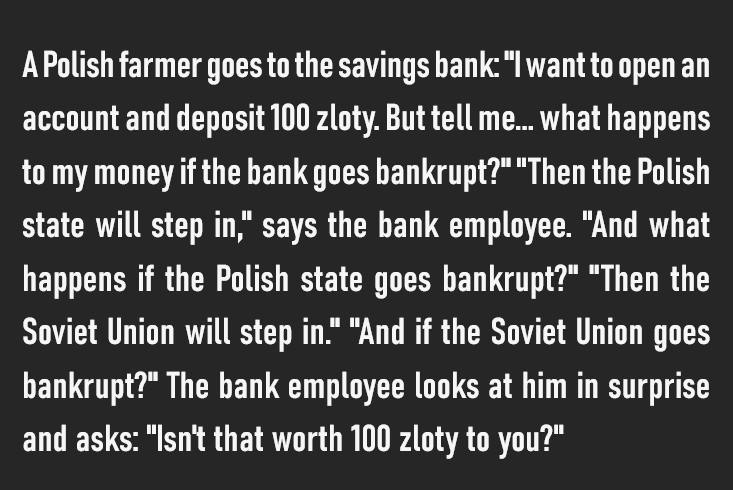 Ralph_Trinter's tweet photo. When I noticed that the Hashtag #RussianBankCollapse was heavily trending on TwiX, I remembered an old Polish joke, dating back to the time when the Soviet Union and the #Comecon still existed. Hope you like it 😉! Here 👇 it is... https://t.co/YsKX7j2Skd