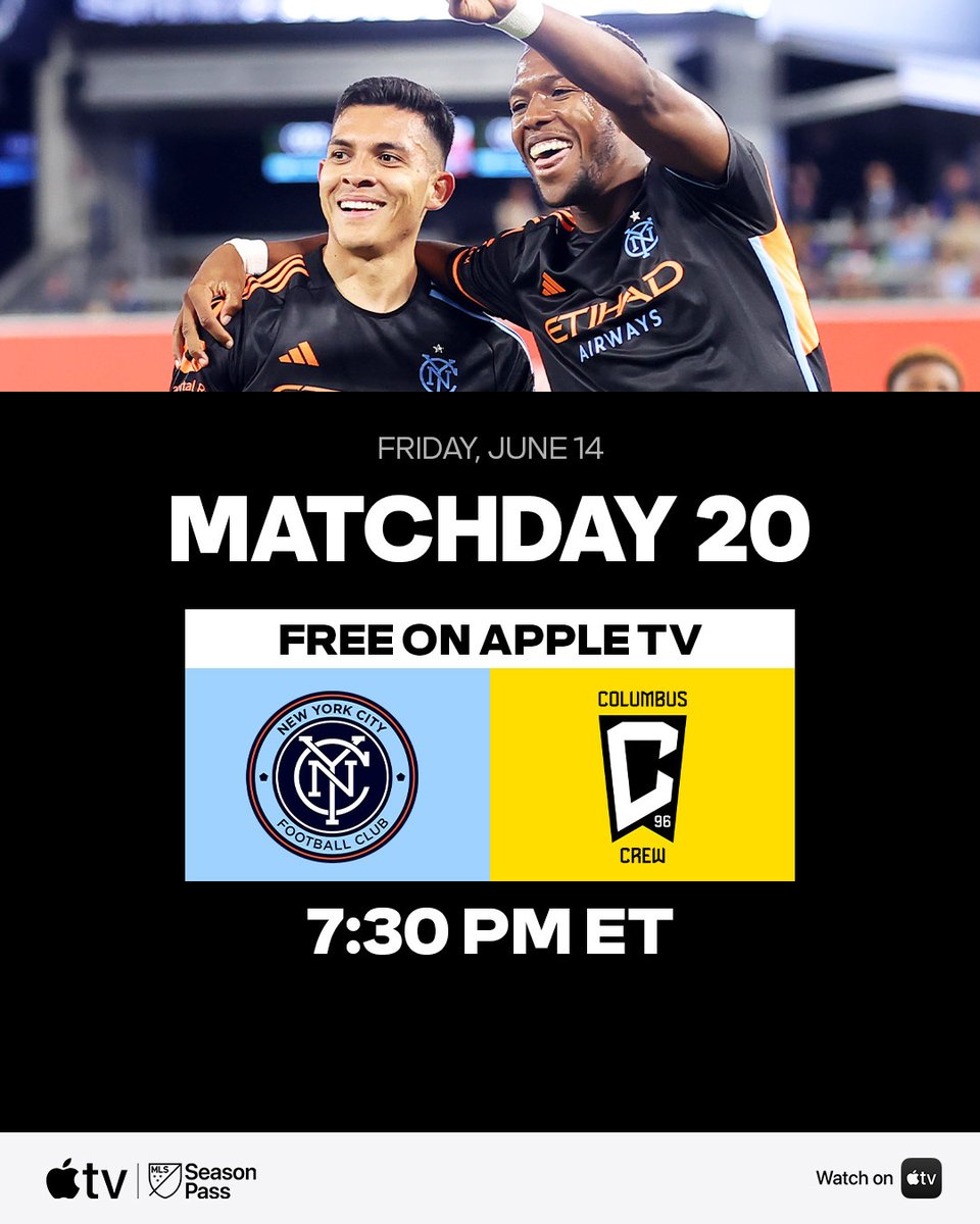 Free Friday night soccer! ✔️

📺 Watch <a href="/newyorkcityfc/">New York City FC</a> vs <a href="/ColumbusCrew/">The Crew</a> at 7:30pm ET for free on <a href="/AppleTV/">Apple TV</a>: apple.co/3RsoLpc