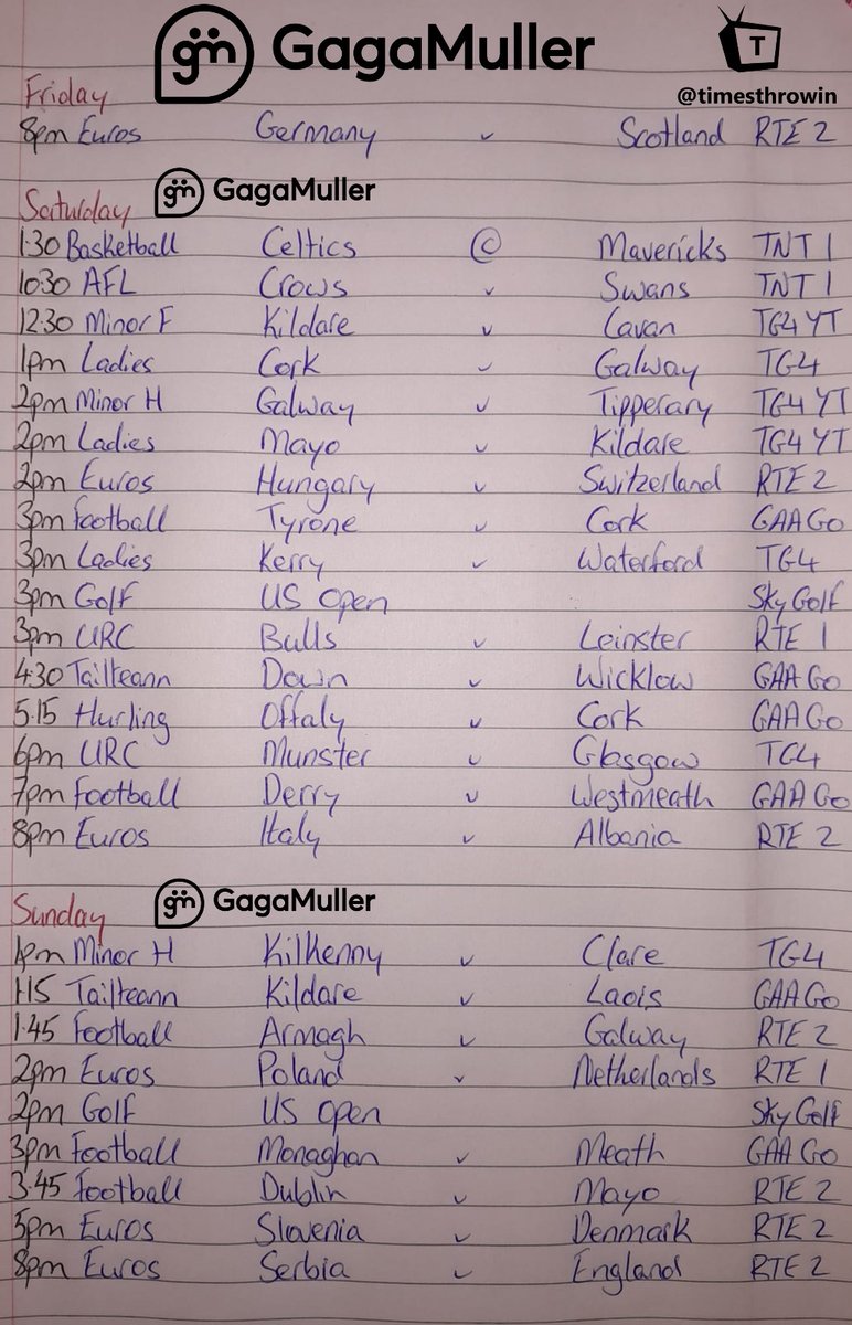 Howdy folks! We are back again with another saucy weekend of action to keep all ye lunatics occupied! A lovely mixed bag to wet all yere whistles and the Euros kicking off tonight also! 💃 

This weekend's schedule is below! Enjoy her and stay safe!

gagamuller.com