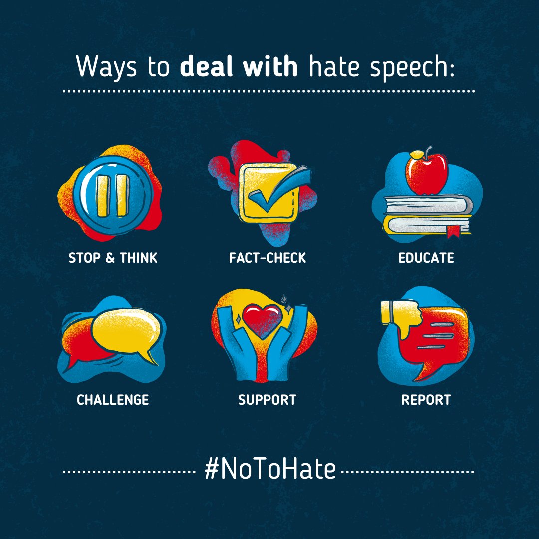 Hate speech has real consequences.

Say #NoToHate:
💠 Make your social feeds a no-hate zone.
💠 Fact-check.
💠 Share messages of tolerance.
💠 Support people targeted by hate speech.

Tuesday is the International Day for Countering Hate Speech. un.org/en/hate-speech
