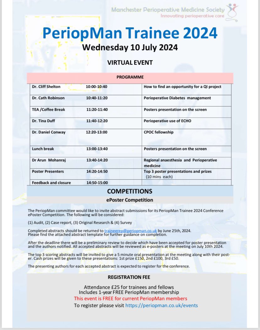 ⭐️⭐️Join us for an exclusive virtual event featuring high-quality talks from renowned consultants in perioperative medicine. 
 ⭐️⭐️Receive a complimentary one-year membership to PeriopMan.

**Abstract submission extended to 25th June**.
