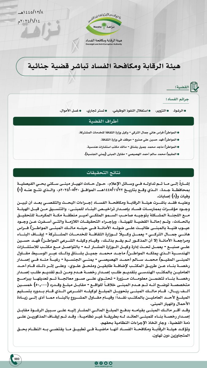 nazaha_gov_sa's tweet photo. #هيئة_الرقابة_ومكافحة_الفساد تباشر قضية جنائية
 
إشارةً إلى ما تم تداوله في وسائل الإعلام، حول حادث انهيار مبنى سكني بحي الفيصلية بمحافظة جدة، الذي وقع بتاريخ ١٤٤٥/١١/٢٢هـ الموافق ٢٠٢٤/٠٥/٣٠م، والذي نتج عنه (۷) وفيات و (۸) إصابات.
وعليه فقد باشرت هيئة الرقابة ومكافحة الفساد إجراءات البحث والتقصي بعد أن تبين وجود مؤشرات بممارسات فساد بإصدار تراخيص البناء للمبنى، والتنسيق من قبل الهيئة مع اللجنة المشكلة بتوجيه صاحب السمو الملكي أمير منطقة مكة المكرمة للتحقيق بالحادث، وتم إحالة القضية للهيئة، وبإجراء التحقيقات اللازمة والتي أسفرت عن وجود عيوب فنية بالمبنى طالبت على ضوئه الأمانة في حينه مالك المبنى المواطن/ فراس هاني جمال التركي - يعمل وكيلاً لوزارة الثقافة للخدمات المشتركة - إيقاف البناء ومراجعة الأمانة إلا أن المذكور لم يقم بذلك، وقيام وكيله الشرعي المواطن/ فهد حسين علي صنبع - يعمل تحت إدارة وكيل الوزارة المشار له - بالتواصل مع مكتب للاستشارات الهندسية الذي يملكه المواطن/ ماجد محمد جميل بشناق وذلك عبر الوسيط مقاول المبنى المقيم/ محمد سالم أحمد الهصيصي - يمني الجنسية - رغبةً منه في إصدار رخصة بناء عن طريق المكتب لإضافة طابقين وملحق علوي، وعلى إثر ذلك قام أحد العاملين بالمكتب الهندسي بتقديم طلب إصدار رخصة هدم ومن ثم تقديم طلب إصدار رخصة بناء تتضمن معلومات مزورة - تحتوي على صور معالجة تم تعديلها ببرامج متخصصة توضح أنه تم هدم المبنى خلافاً للواقع - مقابل مبلغ (٥٠,٠٠٠) ريال، قام مالك المبنى بتحويل المبلغ لوكيله الشرعي الذي قام بدوره بتسليم المبلغ لأحد العاملين بالمكتب نقداً؛ وقيام مقاول المشروع بالبناء مما أدى إلى زيادة الأحمال وانهيار المبنى.
وقد أقر مالك المبنى بقيامه بدفع المبلغ المالي المشار إليه على سبيل الرشوة مقابل إصدار رخصة بناء للمبنى العائد له بطريقة غير نظامية، وقد تم إيقاف المذكورين على ذمة القضية، وجارٍ اتخاذ الإجراءات النظامية بحقهم.
وتؤكد الهيئة أنها ماضية في تطبيق ما يقتضي به النظام بحق المتجاوزين دون تهاون.

#لا_مكان_للفاسدين_بيننا