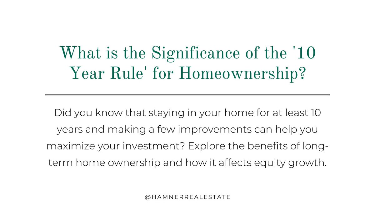 HamnerRE's tweet image. Unlock the '10 Year Rule' in homeownership! Staying in your home for at least 10 years and making improvements, like upgrading kitchens or bathrooms, can maximize your investment and boost equity growth.

#realtorinsights #realestatefacts #realtorknowledge #savyrealtor