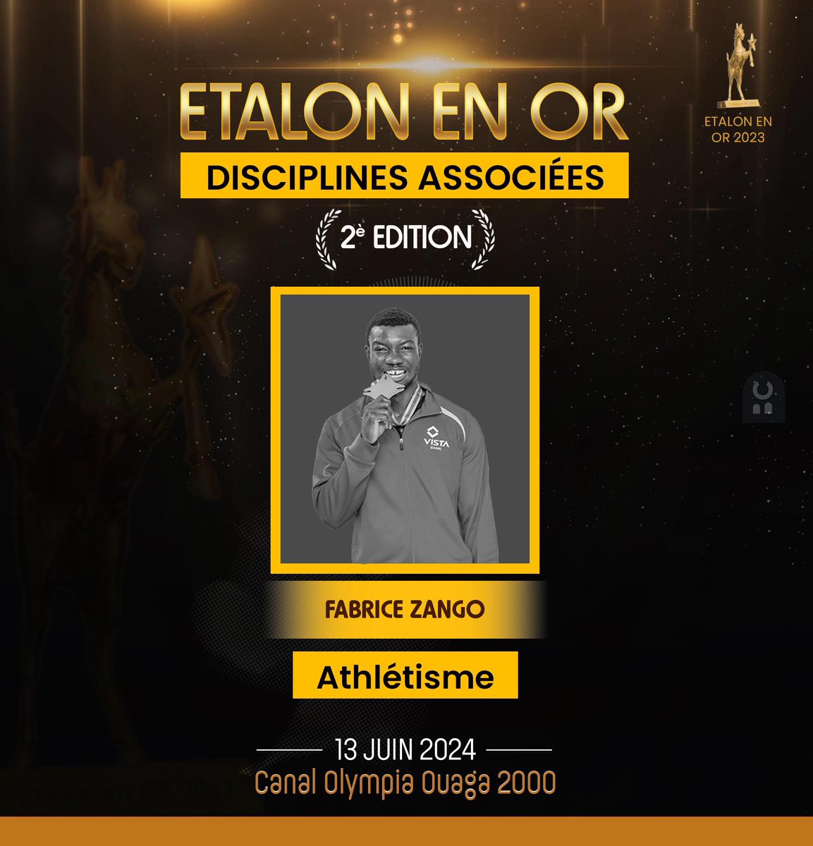 Famille,

Pour la 2e fois consécutive, j'ai été sacré “Etalon en Or” dans la catégorie disciplines associées, ce 13 juin 2024 au cours de la cérémonie de l’Etalon en Or. Merci à toutes les personnes qui ont voté et au comité d’organisation pour le choix sur ma personne...