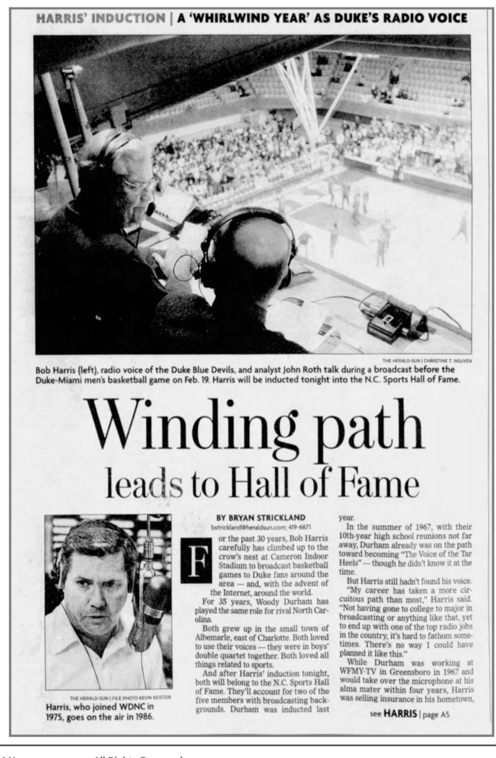 Bob's voice will forever be a part of college basketball lore. But throughout my years with the Herald-Sun, I enjoyed our chats away from the court. RIP Bob.