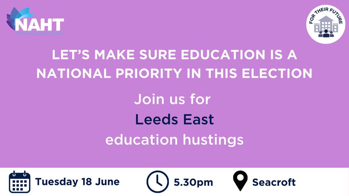 NAHTnews's tweet image. Join us next Tuesday at our education hustings in Seacroft to hear from local candidates on their plans for schools. All prospective parliamentary candidates have been invited.
  
Register your place: bit.ly/45q9hrr

#ForTheirFuture #GE2024