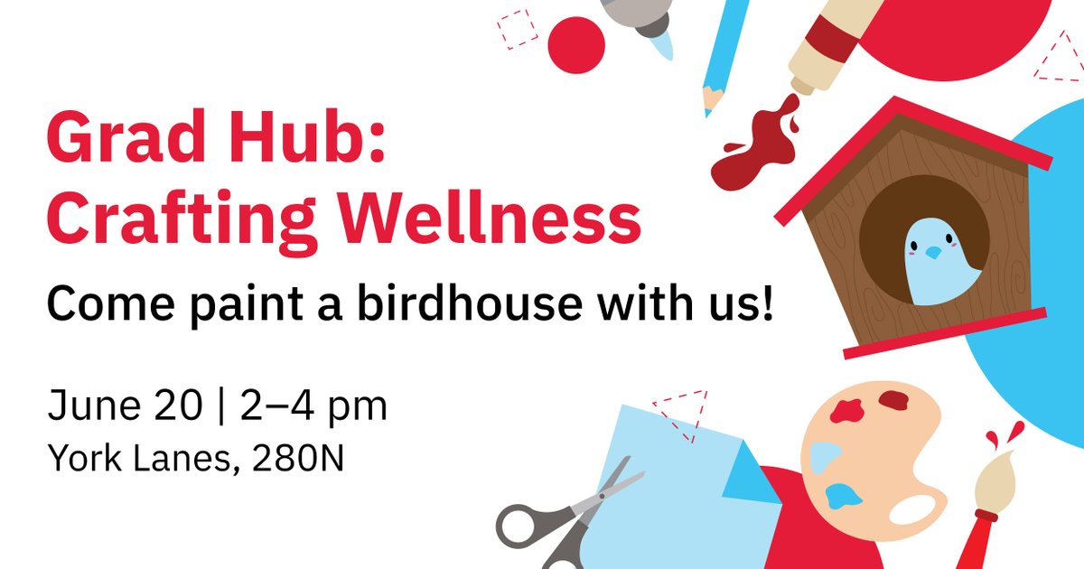 At our next Grad Hub, you can enjoy light refreshments and explore your creativity through various arts and craft activities! 🎨
 
✨ A great way to take a break from studies, the lab or job responsibilities ✨
 
Register Here! 🔗yorkinternational.apps01.yorku.ca/machform/view.…