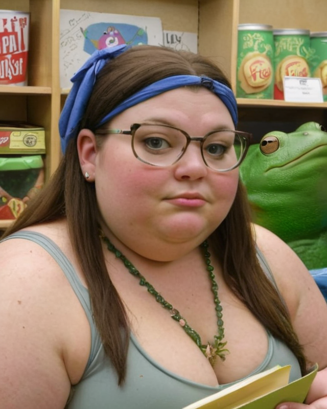 MadSpyCat's tweet photo. I asked Ai for a picture of a fat unqualified frog, and it generated this portrait of the cashier at @vapormaven https://t.co/m9VISLWPgh