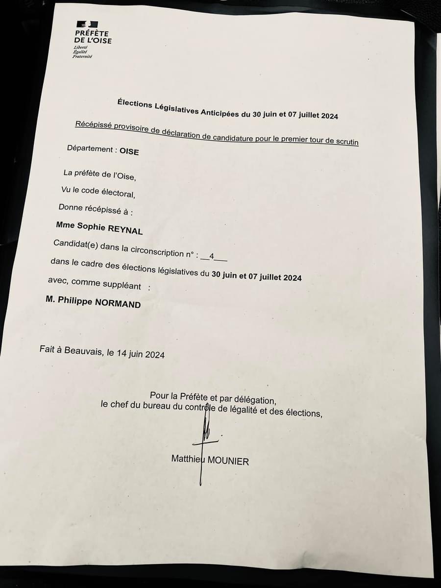 Candidature déposée à la Préfecture de l’#Oise cet après-midi, pour la #circo6004. 
Loin des extrêmes et proche de vous, je ferai entendre votre voix à l’Assemblée Nationale, pour changer les politiques qui ont échoué à rassembler et rassurer.
#legislatives2024 #senlis #chantilly
