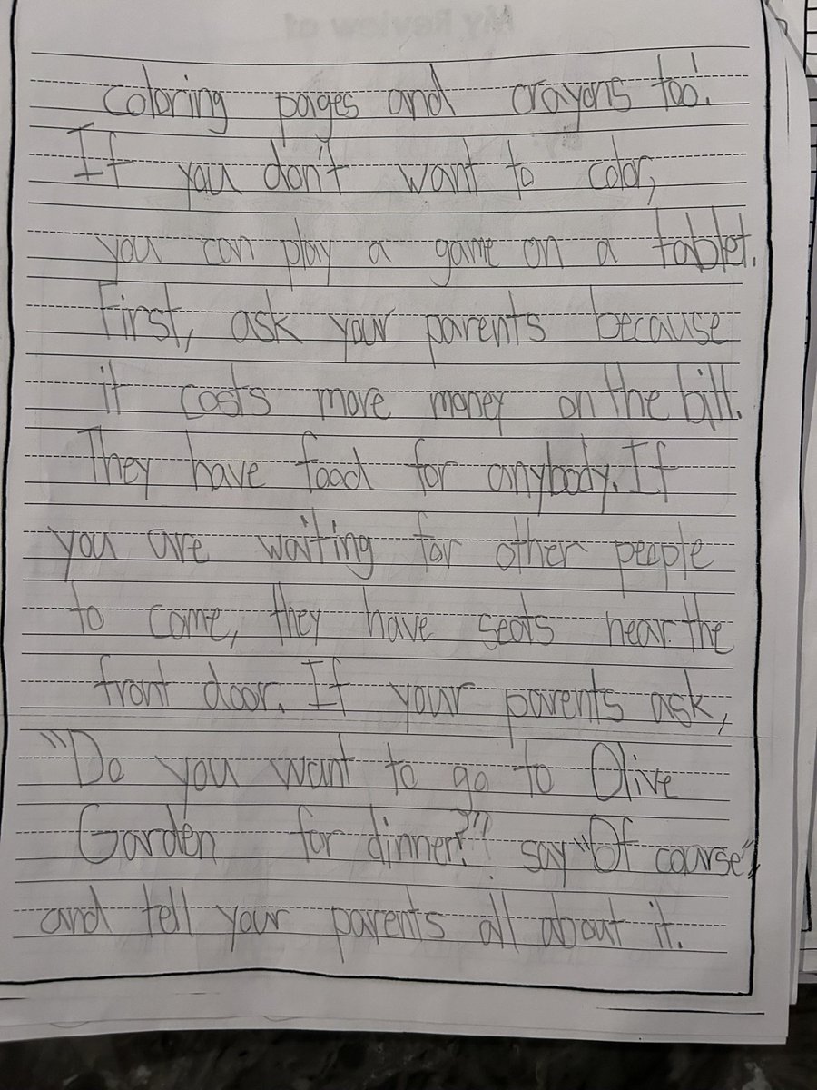 TravelAubs's tweet photo. Biggest takeaway from my first grader’s end of year writing celebration: her deep, deep passion for @olivegarden. These were just the first three pages. My job here is done. #SpectacularSeriesofFood https://t.co/rCvrNWRq3K