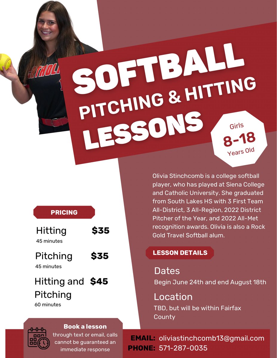 I am giving pitching and hitting lessons this summer in the Fairfax County, Virginia area, exact location is TBD! Lessons are available starting the week of June 24th and ending August 18th. Email or text me to book a lesson or for more information!