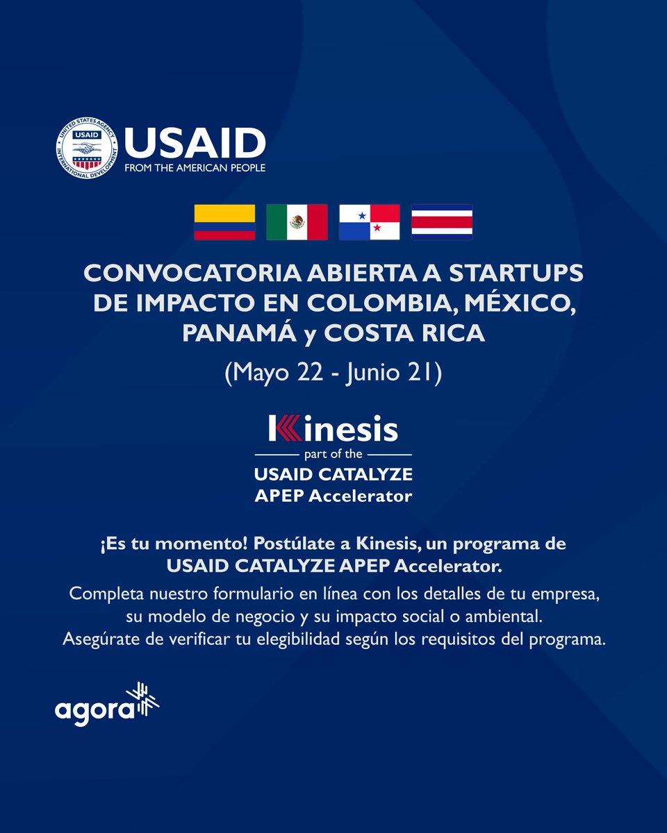 ANDE_Latam's tweet photo. #RedANDE | 🔴 ÚLTIMO DÍA ¡Startups de impacto en Colombia, México, Panamá y Costa Rica! ¿Listas para dar el siguiente paso en su viaje emprendedor? Descubre cómo ingresar en cuatro simples pasos a Kinesis, un programa de @USAID CATALYZE APEP Accelerator. https://t.co/fjl1FjlfFf