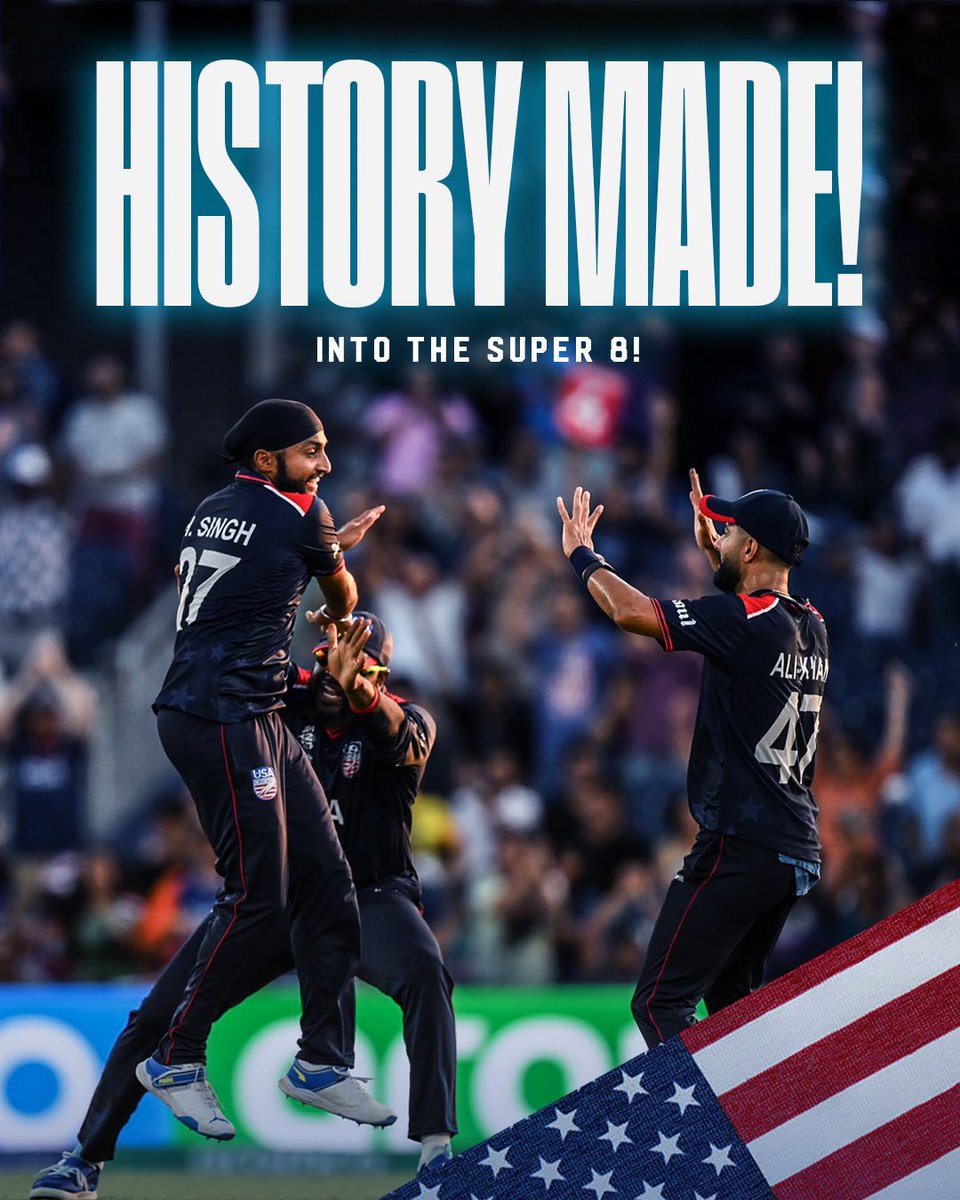 MLCricket's tweet photo. USA Makes History! From Underdogs to Super 8s! 🇺🇸✨ Get ready world, the stars and stripes are coming for the T20 World Cup! 🌟
#CricketCinderellaStory #USAT20 #BelieveTheHype #T20WorldCup https://t.co/f3jb5AYaSE